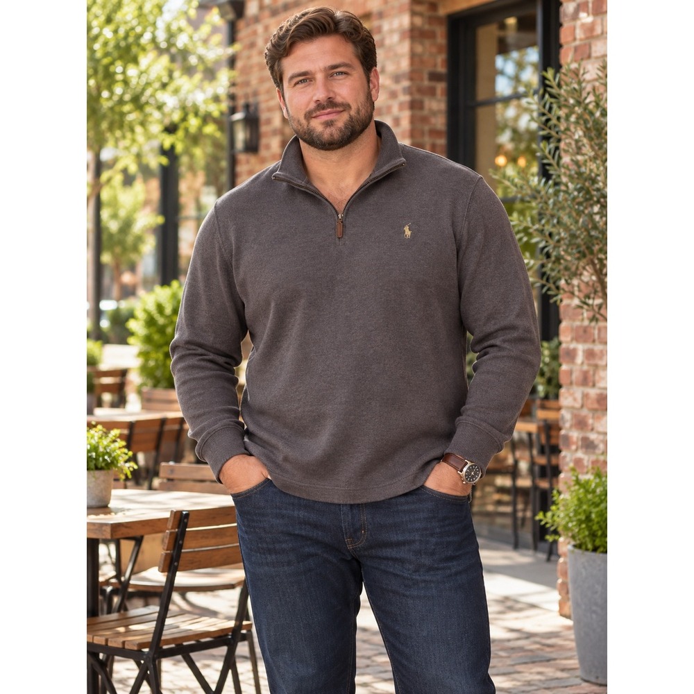 Polo Ralph Lauren Quarter Zip Cotton Knit Pullover Mens Large Brown